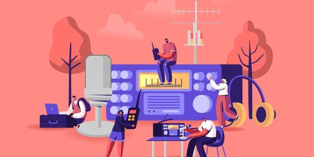 Tiny Male and Female Characters Radio Amateurs at Huge Receiver. Men and Women Using Walkie Talkie, Program Broadcasting