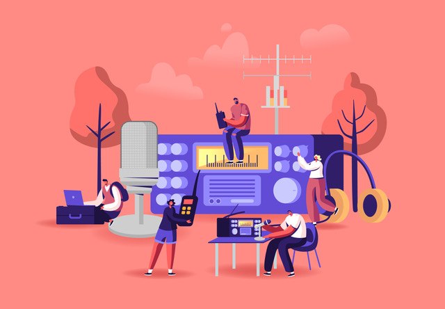 Tiny Male and Female Characters Radio Amateurs at Huge Receiver. Men and Women Using Walkie Talkie, Program Broadcasting